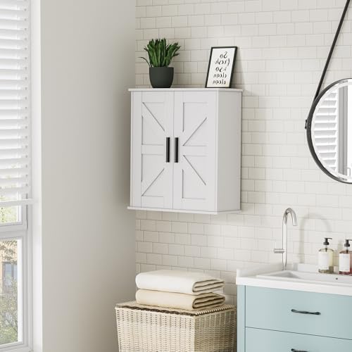 Homleke Bathroom Wall Cabinet, Medicine Cabinet with Adjustable Shelves | 3-Tier Wall Mounted Over Toilet Storage with Barn Doors, for Bathroom, Kitchen, Entryway, Laundry Room, White, (7.9" D)
