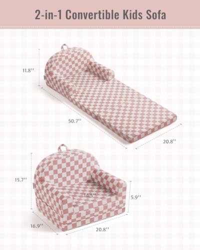 Blissful Diary Foldable Kids Couch, 2-in-1 Kids Sofa Chair, Blush Check