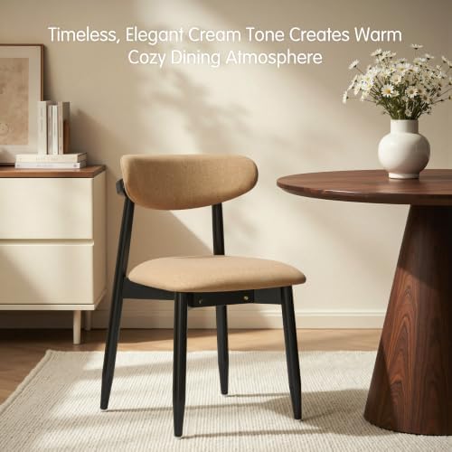 CHUN YI Dining Chairs Set of 4, Upholstered Wooden Dining Room Chairs with Ergonomic Curved Back, Mid Century Modern Fabric Kitchen Chairs, Khaki (Only Chairs)