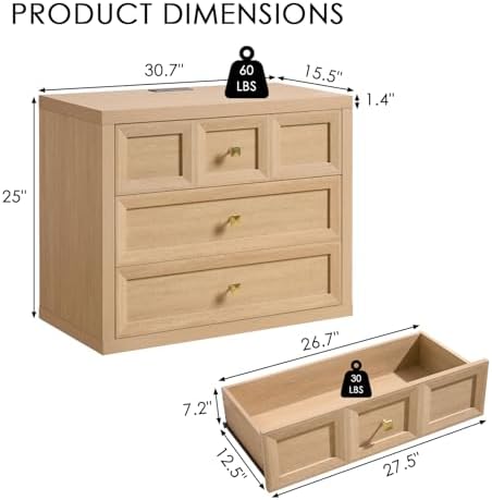 3-Piece Bedroom Set, 5 Drawer Tall Dresser and 3 Drawer King Size Nightstands Set of 2 with Charging Station, 3 Piece Farmhouse Wood Bedroom Dresser and Nightstand Sets, Natural