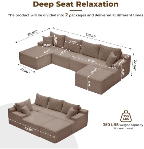 Mangodan Cloud Sectional Couch, Boneless Couches for Living Room, Camel