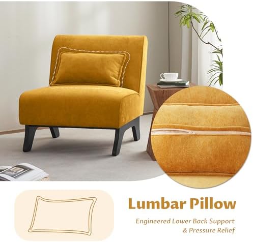 Upholstered Armless Accent Chair Set of 4,Modern Comfy Living Room Chairs with Wooden Legs& Pillows,Lounge Sofa Side Chair for Bedroom Farmhouse Reading (4 PCS, Yellow)