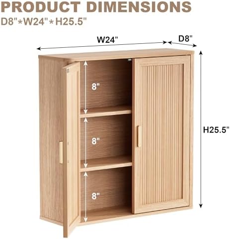 INNOD Bathroom Storage Wall Cabinet, Over the Toilet Storage Cabinet Above Toilet Storage, Medicine Cabinet with Adjustable Wood Shelf & Doors for Laundry Room & Kitchen & Living Room (Natural Oak)