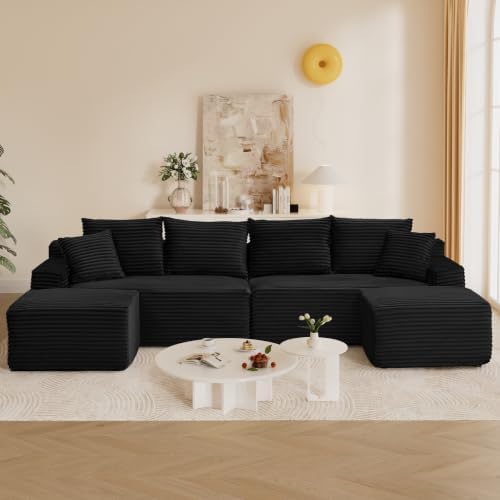 115" U Shaped Cloud Couch Modular Sectional Sofa, Comfy Fluffy Corduroy Black Boneless Sectional Couches for Living Room, Modern Cloud Sofas with Ottomans & Memory Foam, Black