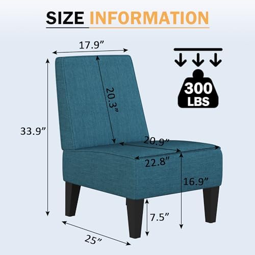 Armless Accent Chairs Set of 2, Blue Upholstered Linen Slipper Chair with Solid Wood Legs, Mid Century Modern Side Chairs for Small Living Room Bedroom Apartment Reading Nook