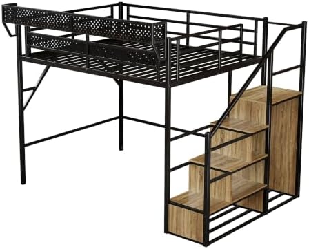 Queen Size Metal Loft Bed with Reversible Stairs and LED & USB Port