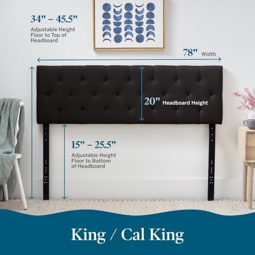 Lucid Mid-Rise Upholstered Headboard - Diamond Tufted - Padded Polyester - Adjustable Height from 34” to 46” - Easy Assembly - Bed Frame or Wall Mount - Sturdy - Black - King / Cal King Size