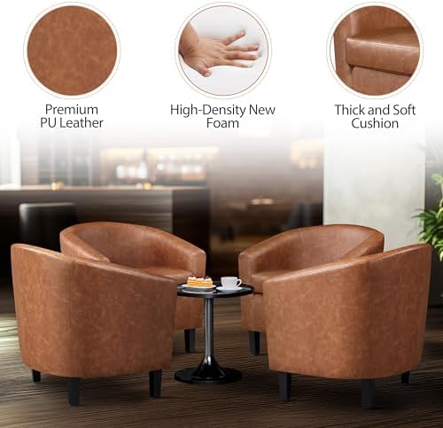 Yaheetech Accent Chairs Set of 2, Faux Leather Barrel Armchairs Brown