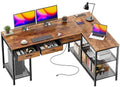 PRAISUN 55 Inch L Shaped Office Desk with Power Outlets and Type-C Port, Large Computer Gaming Desk with 3 Fabric Drawers, Mesh Shelves, Corner Study Work Writing Desk, Rustic Brown