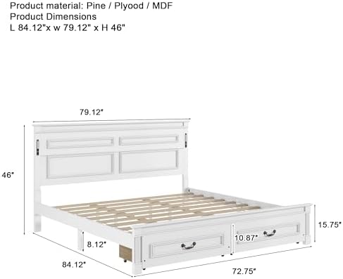 White King Size Bed Frame with 2 Storage Drawers & Tall-Panel Headboard and Footboard, Wood Platform Storage Bed Built-in LED Lights, USB Charging Station, No Box Spring Required, Noise-Free