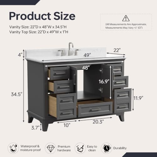 48 Inch Fully Assembled Bathroom Vanity with Sink, Grey | Modern Solid Wood Freestanding Bathroom Vanity Set, Quartz Top & Backsplash, Soft-Close Doors, Dovetail Drawers, Bath Upgrade