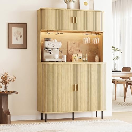 ONBRILL 71" Tall Fluted Wine Bar Cabinet with Storage Oak