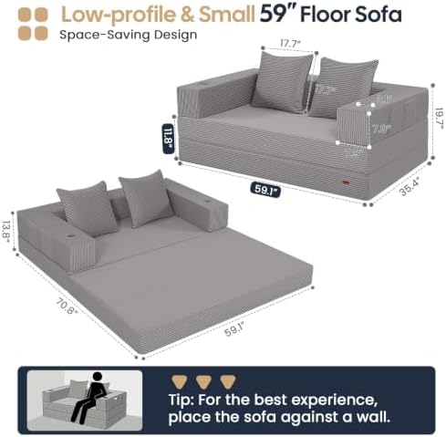 COMAX Boneless Futon Sofa Bed, 59" Small Low-Profile Floor Couch