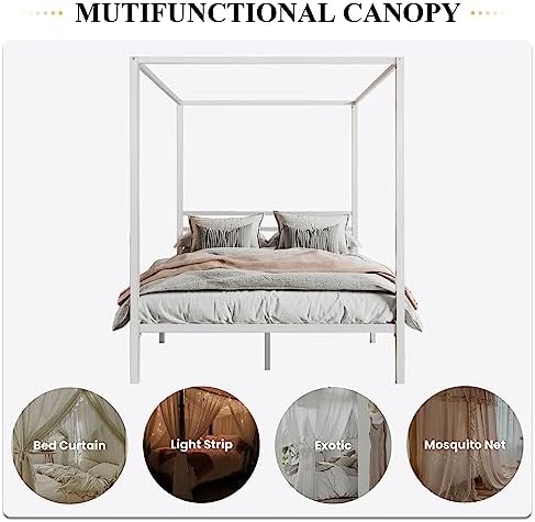 SHA CERLIN Full Size Canopy Bed Frame with Heavy Duty Metal Slats, White