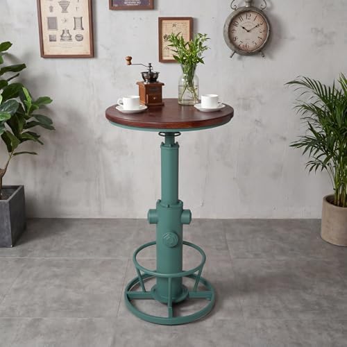 Industrial Bar Table with Round Solid Pine Wood Top, Adjustable Height 38.6-42.5in, Fire Hydrant Design, 360° Swivel, Green