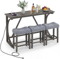 COSTWAY 4-Piece Farmhouse Bar Table Set with Power Outlet