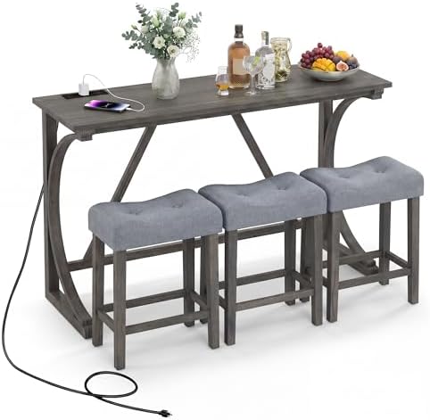 COSTWAY 4-Piece Farmhouse Bar Table Set with Power Outlet