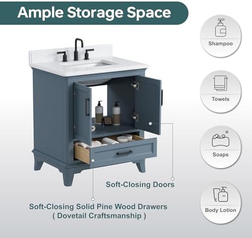 30" Bathroom Vanity with Sink, Fully Assembled, Steel Blue | Freestanding Solid Wood Bathroom Vanities with Quartz Countertop & Backsplash, Soft Close Doors & Dovetail Drawer