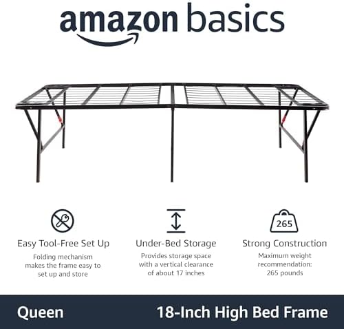 Amazon Basics Foldable Metal Platform Bed Frame with Storage, Sturdy Steel, No Box Spring Needed, 18 Inches High, Tool-Free Easy Assembly, Noise-Free, Queen Size, Black