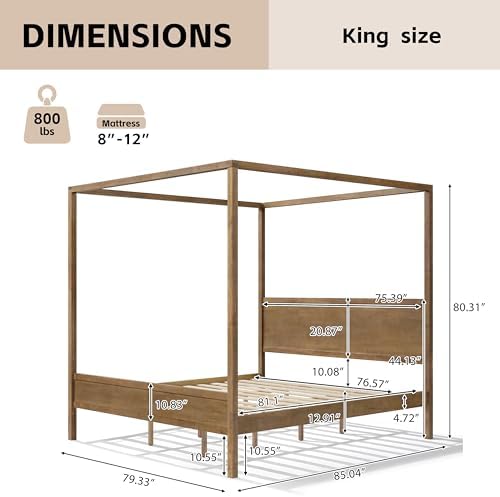 Merax King Canopy Bed Frame with Headboard & 4 Posters, Antique Natural