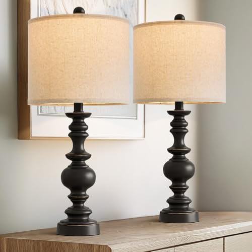 BOBOMOMO 24" Traditional Farmhouse Table Lamp Set of 2, Vintage Resin Lamps for Living Room Bedroom, Rustic Nightstand Lamp with Linen Shades, Retro Black Table Lamps for Living Room, Bedroom, Office