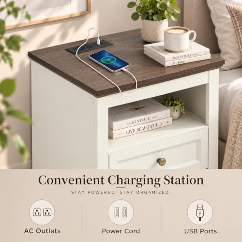 LOUVIXA Farmhouse Bedroom Sets of 3, Including 9 Drawer Dresser, Nightstand Set of 2 with Charging Station (Off White Sets)
