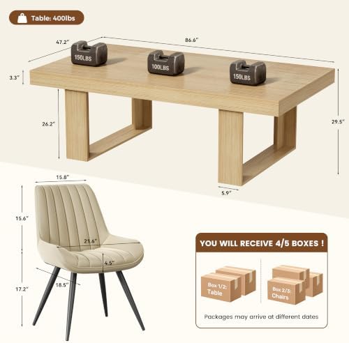 Miereirl 11-Piece Modern Farmhouse Dining Table Set, 86.6" x 47.2" Sturdy Stable Dining Table with 10 Chairs, Rectangular Kitchen Table Set for 10,(Natura Table+10 Beige Chairs)