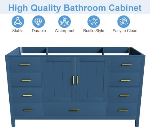 Montary 60" Modern Bathroom Vanity Base Cabinet, Solid Wood Construction | Soft-Close Double Doors & 9 Full-Extension Drawers(Basin & Top Not Included),Blue