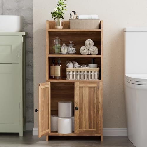 Homhedy Small Bathroom Storage Cabinet, Toilet Paper Storage Cabinet | Bathroom Floor Cabinet with Doors and Shelves, Bathroom Organizers for Small Spaces, 7.9"D x 14.6"W x 31"H, Rustic Walnut