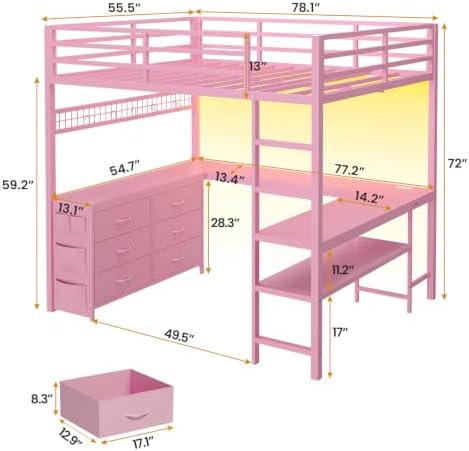 ADORNEVE Loft Bed Full Size with U-Shaped Desk, 6 Storage Drawers, Pink