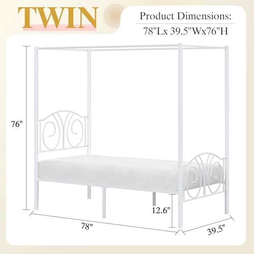 VECELO Twin Canopy Bed Frame, Vintage Scrollwork Headboard, Pure White