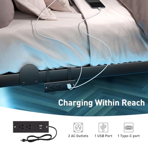 qimamo Floating Queen Bed Frame, 7 Inch Metal Platform Bed with Smart LED Lights & Charging Station, Easy Assembly, No Box Spring Needed