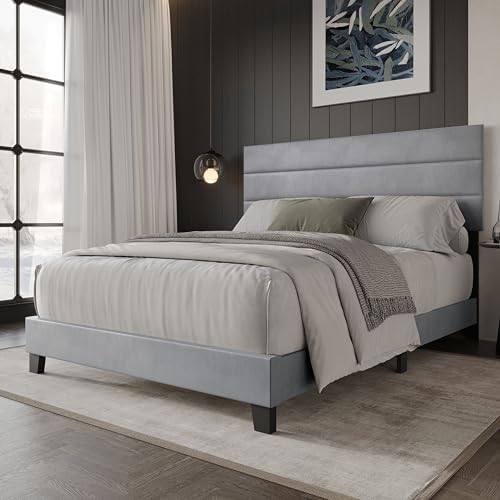 HOME DESIGN Vallejo King Size Upholstered Panel Bed Frame, Velvet Upholstery, Padded Headboard with High-Density Foam, Box Spring Required, Silver Gray