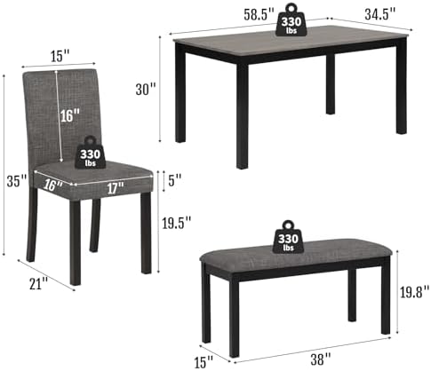 Zevemomo 6-Piece Solid Wood Dining Table Set, Wooden Legs, Dark Gray