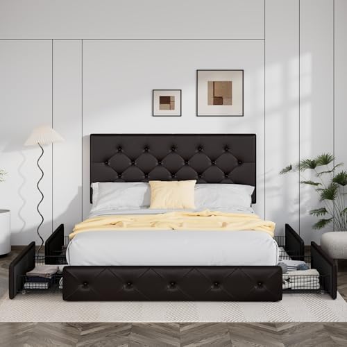 Allewie Full Size Storage Bed Frame with 4 Underbed Drawers, Upholstered Platform Bed with Adjustable Headboard, Diamond Button Tufted, Easy Assembly, Noise-Free, No Box Spring Needed, Brown