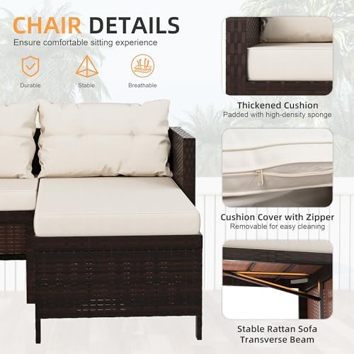 Shintenchi 3 Pieces Outdoor Patio Furniture Set, Wicker Patio Conversation Set, All Weather Wicker Rattan Patio Seating Sofas with Glass Coffee Table and Cushion, Beige