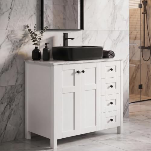 32" White Bathroom Vanity with Marble Texture Top and 4 Drawers, Traditional Standing Pedestal Cabinet with Black Ceramic Sink