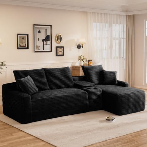 95" L Shaped Cloud Couch Modular Sectional Sofa, Comfy Fluffy Corduroy Black Boneless Sectional Couches for Living Room, Modern Cloud Sofas with Cup Holders & Right Facing Chaise, Black