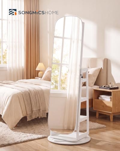 SONGMICS HOME 360° Swivel Jewelry Cabinet Standing, Mirror with Storage | Lockable Jewelry Armoire with Vanity and Rear Shelves, Full Length Floor Mirror with Storage, Cloud White UJJC036W01SH
