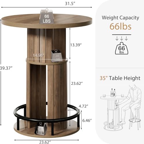 HSH 39.37" H Round Bar Table with Storage and Metal Ring Footrest, Rustic