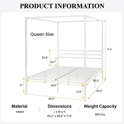 SHA CERLIN Queen Size Canopy Bed Frame with Heavy Duty Metal Slats, White