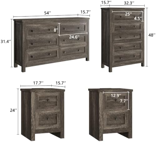AMERLIFE 5-Piece Farmhouse Bedroom Set, Full Bed Frame & Dresser, Grey