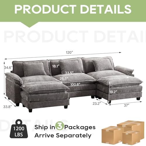 Oprisen 120" Modular Sectional Sofa, Comfy Deep Cloud Couch with Ottoman