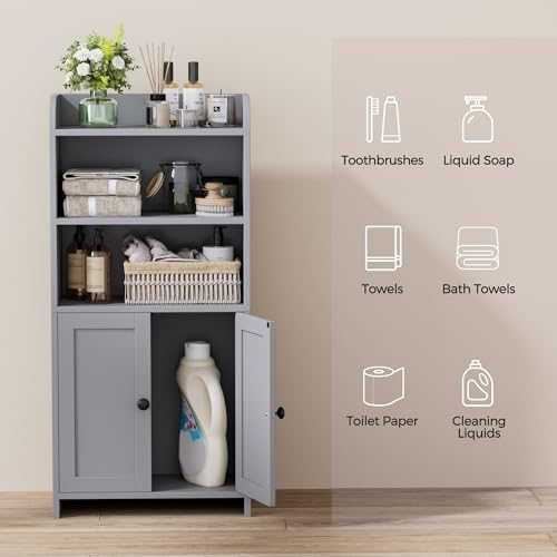 Homhedy Small Bathroom Storage Cabinet, Toilet Paper Storage Cabinet | Bathroom Floor Cabinet with Doors and Shelves, Bathroom Organizers for Small Spaces, 7.9" D x 14.6" W x 31" H, Gray