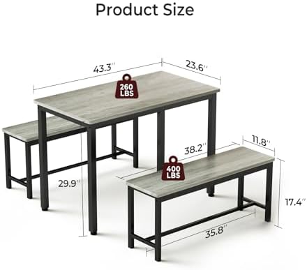 Tatub Dining Table Set for 4, 3-Piece Kitchen Table with 2 Benches, Space-Saving Dining Room Set for Breakfast Nook and Small Spaces, Grey