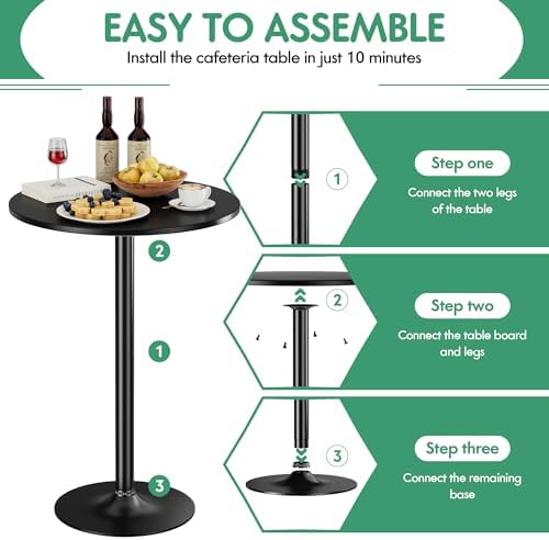 Shahoo Round Bar Table, Cocktail Table with Metal Base & MDF Top, Counter Height Pub Table for Dining Room, Living Room, Kitchen, Bar, Pub, Cafe, Black