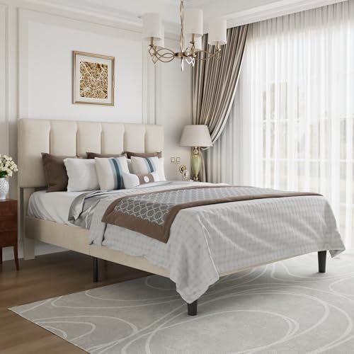 VECELO Full Size Bed Frame with Upholstered Headboard, Pale Beige