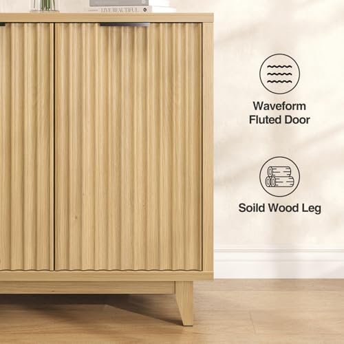 Vabches Modern Fluted Coffee Bar Cabinet with Removable Wine Rack, Natural