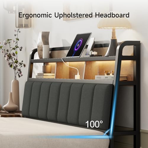 Queen Headboard Only with Storage, Charging Station, Black&Brown