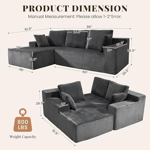 GRUSIGN Cloud Sectional Boneless Couches for Living Room, Modular L Shaped Couch with Deep Seat Oversized Left Facing Chaise, Memory Foam Compressed Spineless 3 Seater Sofa for Apartment, Grey